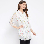 White & Blue Shirt Collar Floral Printed Tunic