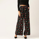 Women Black & Red Cherry Print Wide Leg Palazzos