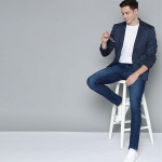 Men Navy Blue Self Design Single-Breasted Blazer