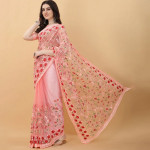 Pink & Red Floral Embroidered Net Heavy Work Saree